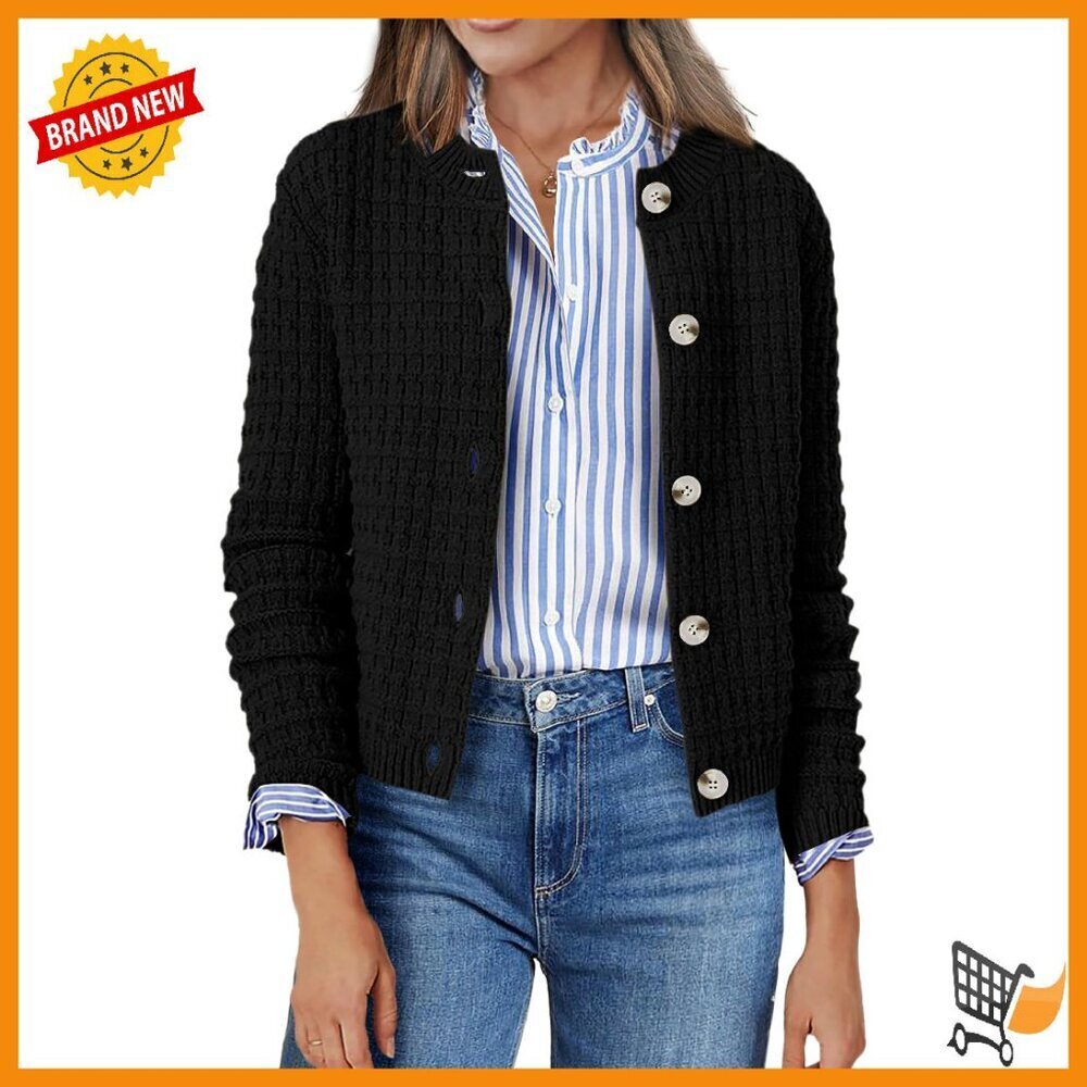 Cropped Button Down Cardigan Sweater, Chunky Knit, Open Front, Long Sleeve